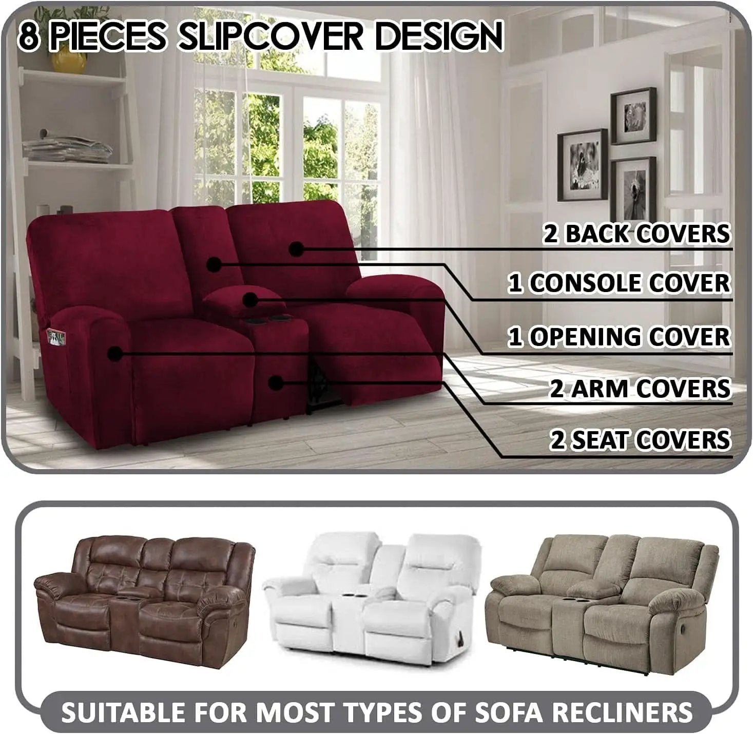 Burgundy Velvet Reclining Loveseat Slipcover Set 2 Seater Machine Washable from PriceLows™
