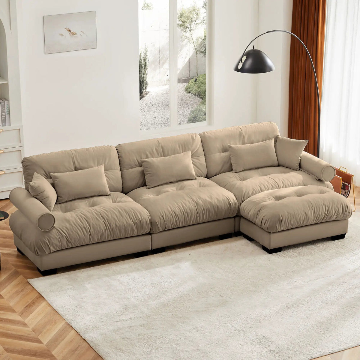 Modern Sectional Sofa | With Ottoman | Deep Seat Cushions | Throw Pillows