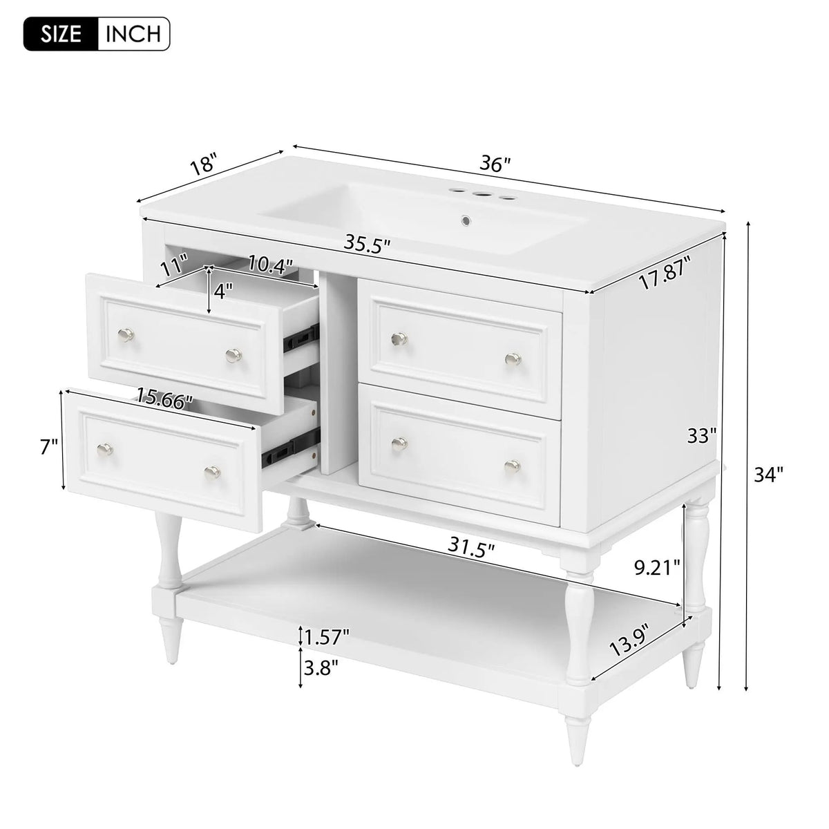 36 Inch Bathroom Vanity With Undermount Sink | 4 Extension Drawers | Solid Wood Frame | Ceramic Sink