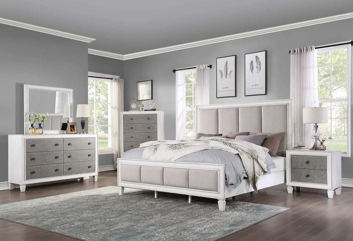 Katia Weathered Nightstand | Gray And White Finish | Poplar Wood Construction | Smooth Drawer Access