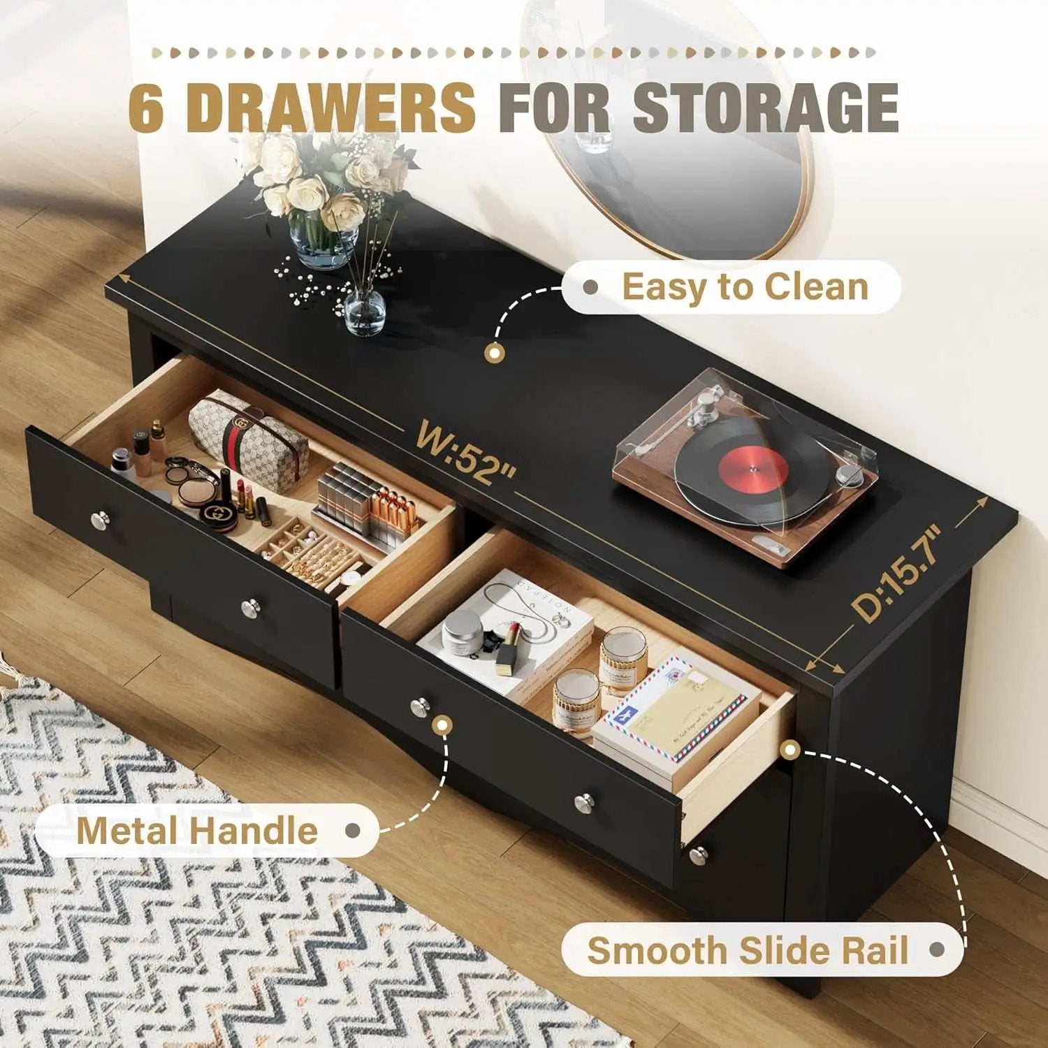 Glossy Black 52 Inch Six Drawer Dresser for Modern Storage from PriceLows™