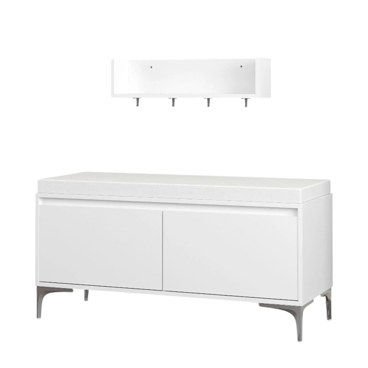 Wall Mounted Entryway Shelf With Hooks And Storage Bench Set - | 39.37 x 15.75 x 19.49 in | Metal & Wood | Off White