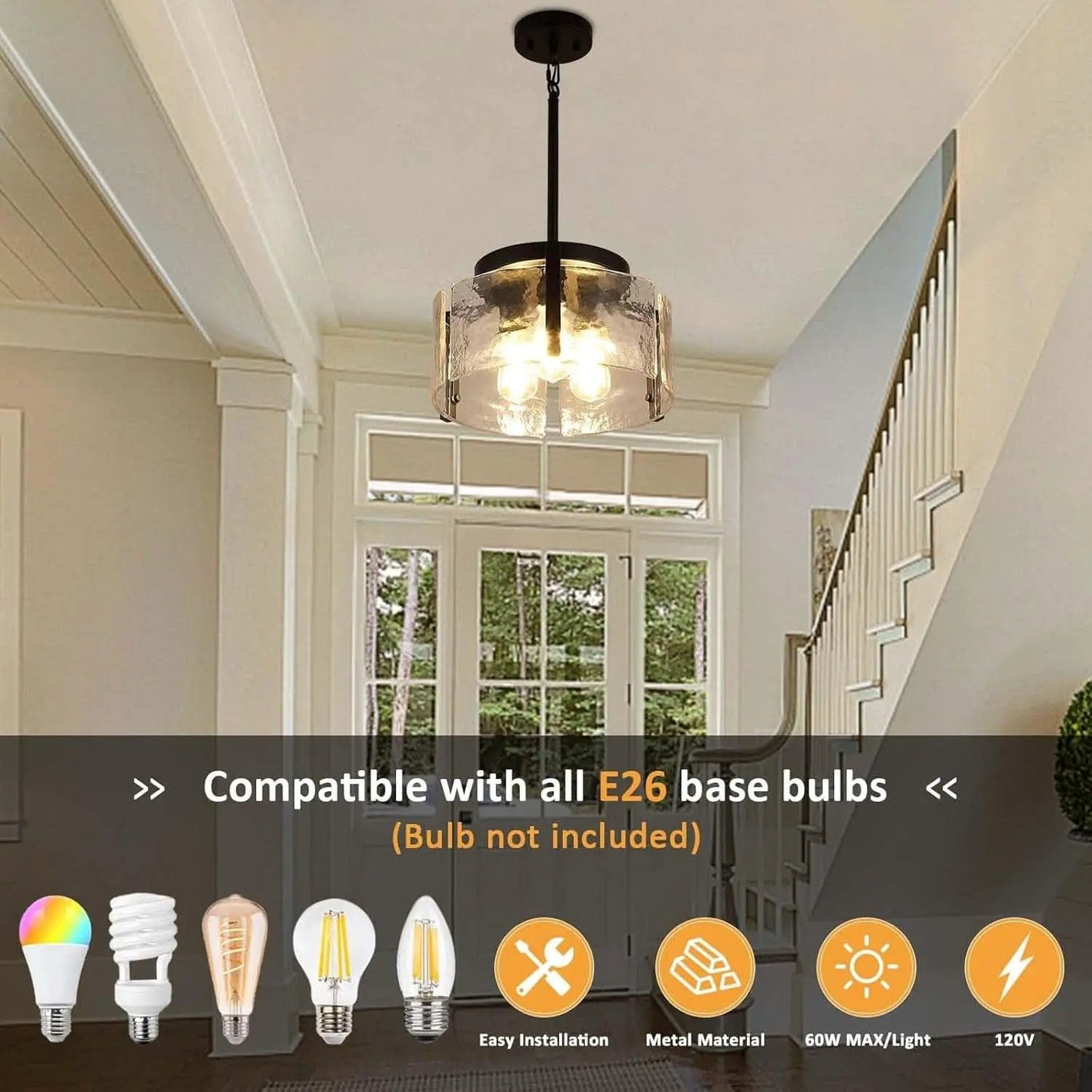 Black Adjustable Farmhouse Chandelier For Dining Room With Hammered Glass from PriceLows™