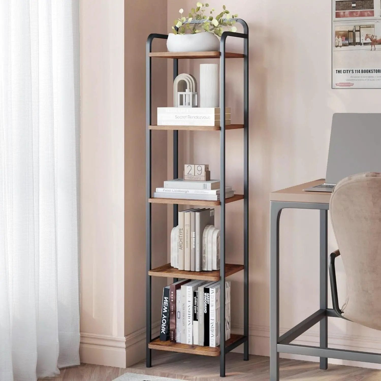 5-Tier Industrial Corner Shelf Narrow Rustic Black Bookcase from PriceLows™