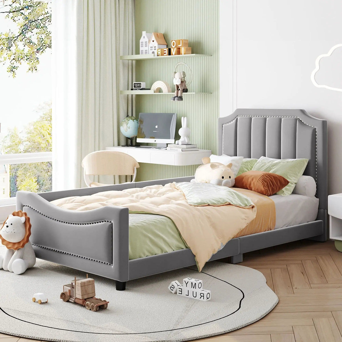 Upholstered Daybed With Classic Stripe Shaped Headboard | 2 Pieces | Pine Wood | Bedroom