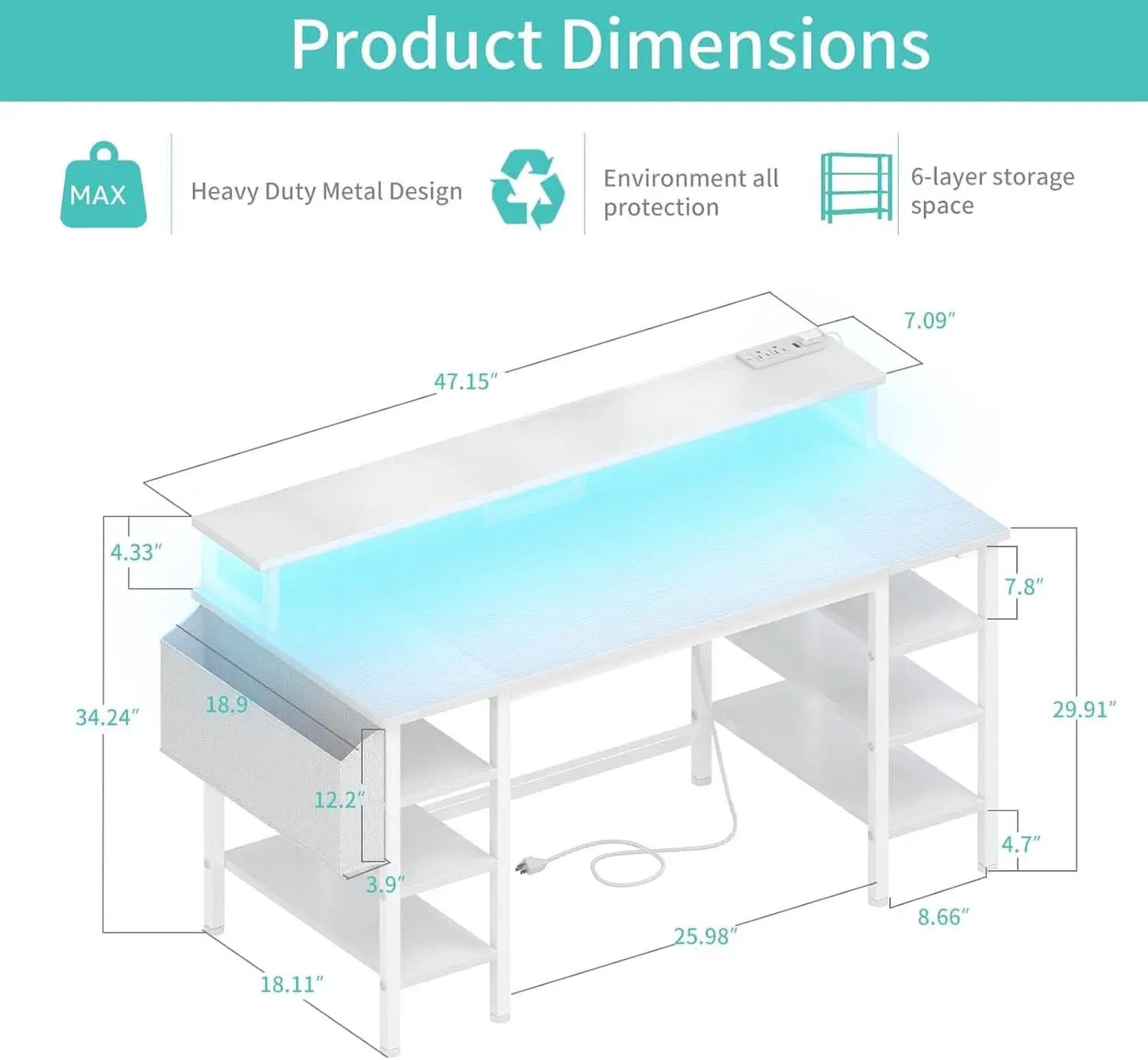 47 Inch Gaming Desk With LED Lights For Home Office Use from PriceLows™