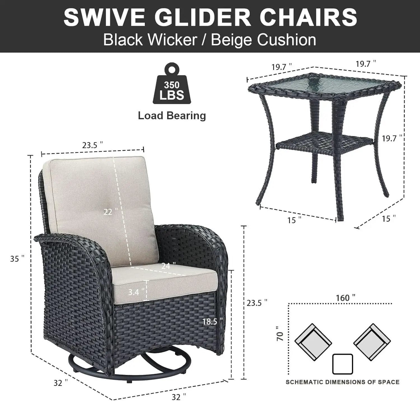 3 Piece Black Wicker Patio Furniture Set With Swivel Rocker Chairs And Side Table Beige Cushions from PriceLows™