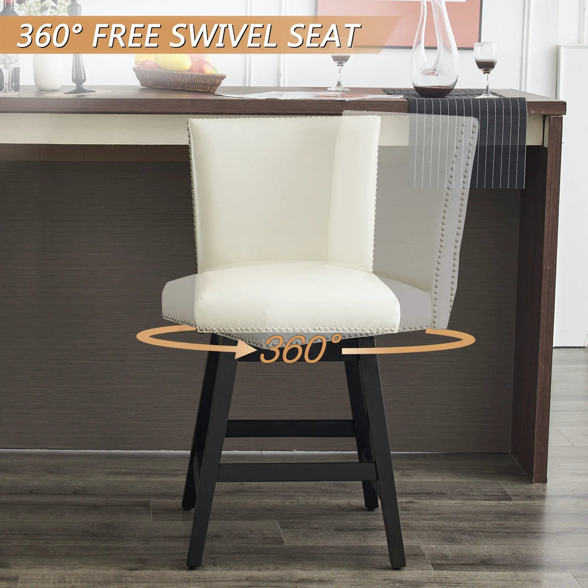 Upholstered Bar Stools | High Back Swivel | Durable PU Leather | Set Two Cream
