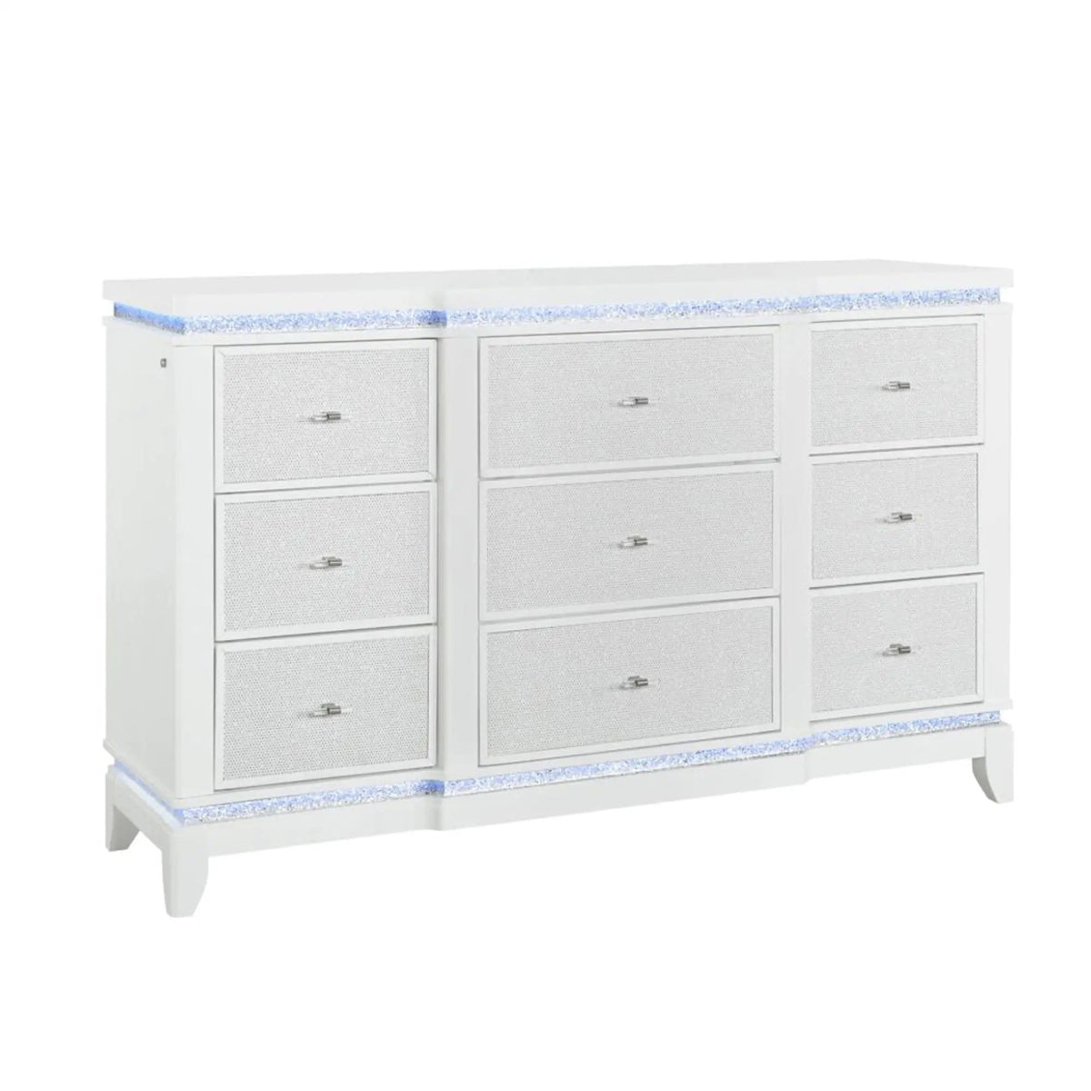 Adalid Dresser With LED Light And Glittered Drawer Fronts | 62 x 17.5 x 38.94 in | Solid Wood & Mdf | White