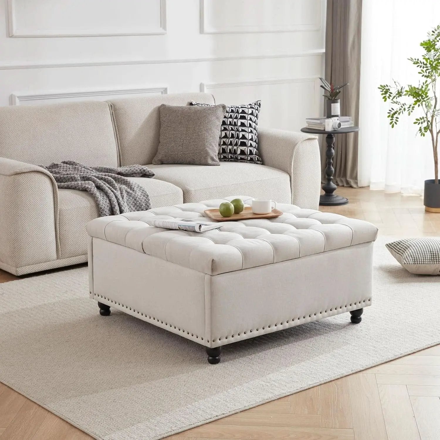 Beige Oversized Storage Ottoman Featuring Lift Top from PriceLows™