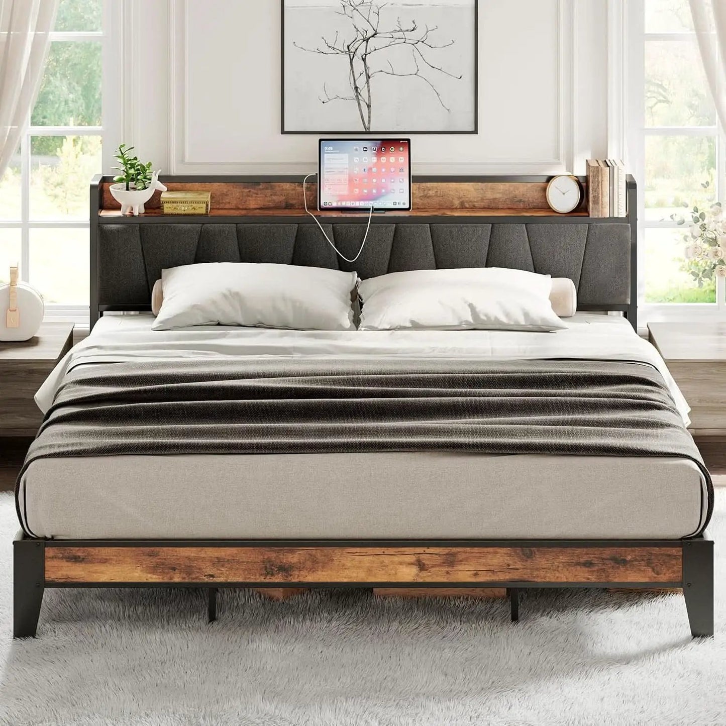 King Size Bed Frame With Storage Headboard And USB Charging Ports from PriceLows™