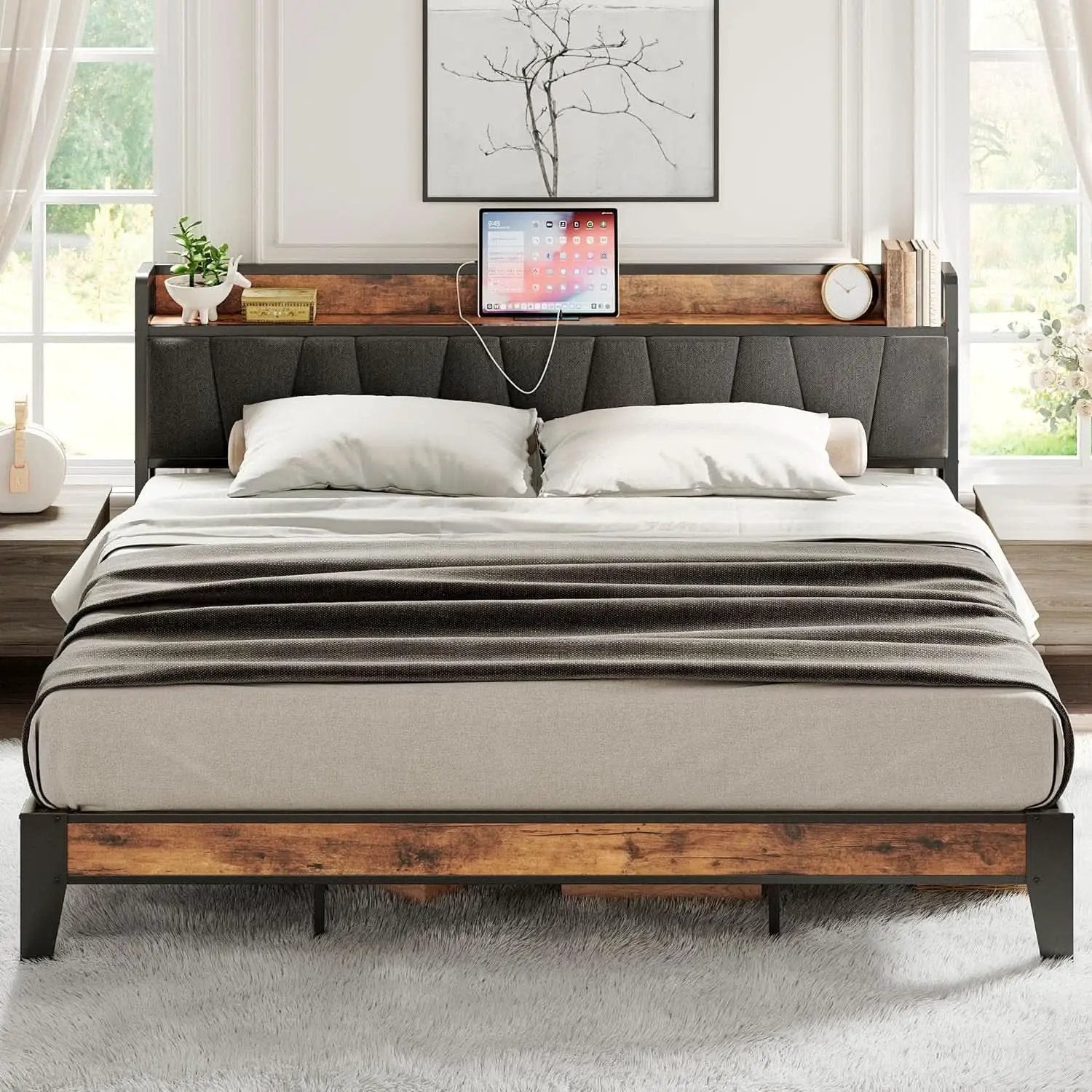 King Size Bed Frame With Storage Headboard And USB Charging Ports from PriceLows™