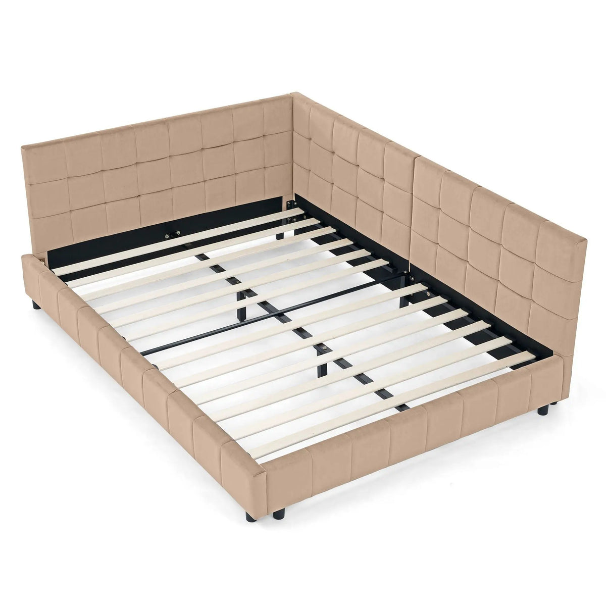 Mid-Century Storage Bed Frame | Upholstered Tufted Design | Backrest And Armrests | Bed Or Sofa Use