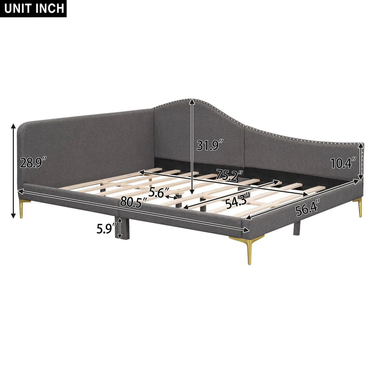Upholstered Daybed | Headboard And Armrest | Support Legs | 80.5 Inch Length