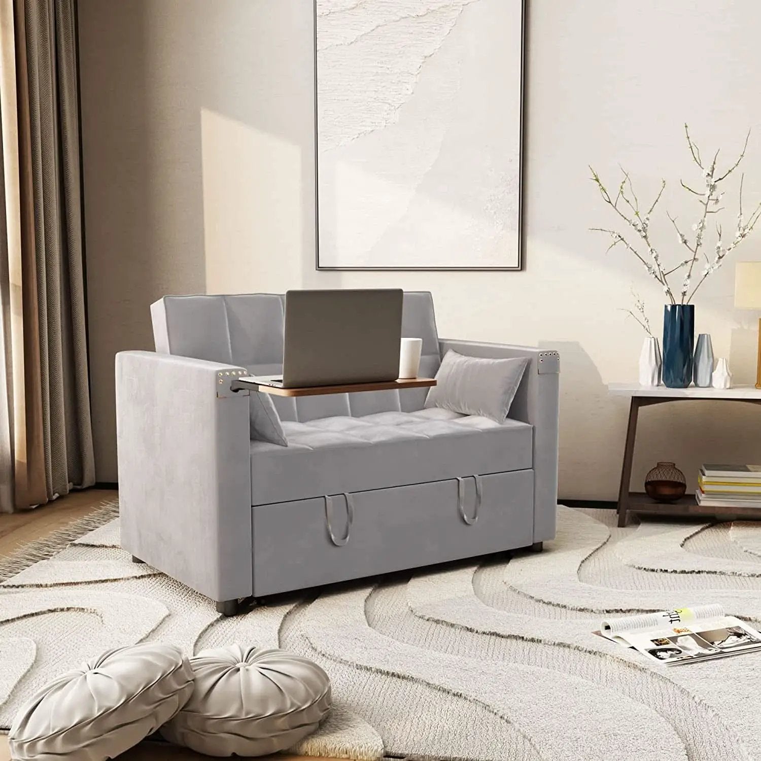 Sofa Bed With Hidden Table Velvet Fabric For Small Spaces from PriceLows™