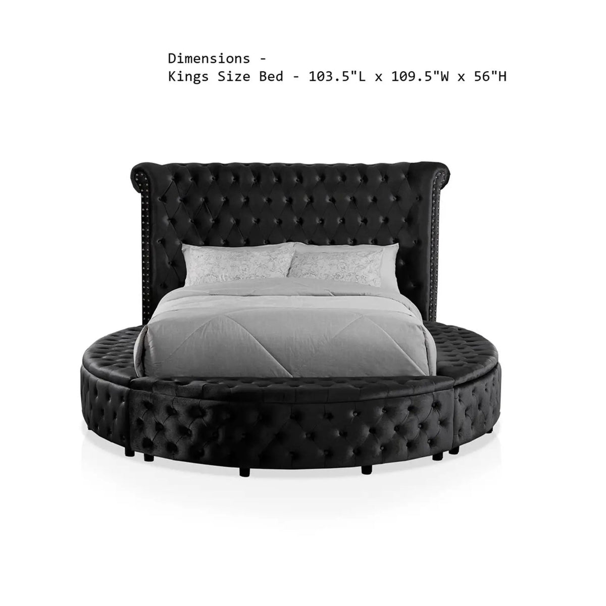 Glam Round Bed | Button Tufted Wingback Headboard | Storage | USB Ports