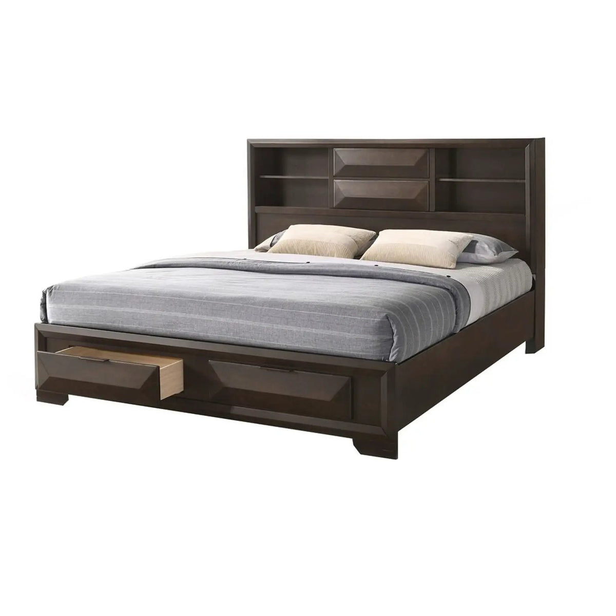Storage Bed With Bookcase Headboard | Footboard Storage | Transitional Style | Solid And Engineered Wood
