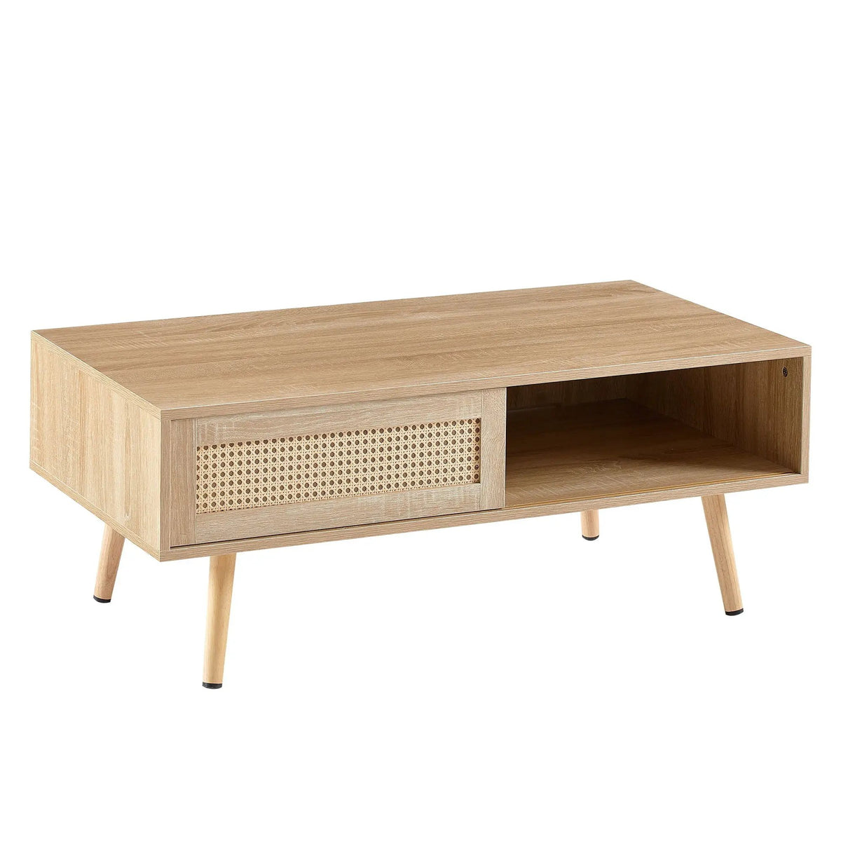 Rattan Coffee Table | 41.34 Inch Width | Sliding Storage Door | Solid Wood Legs