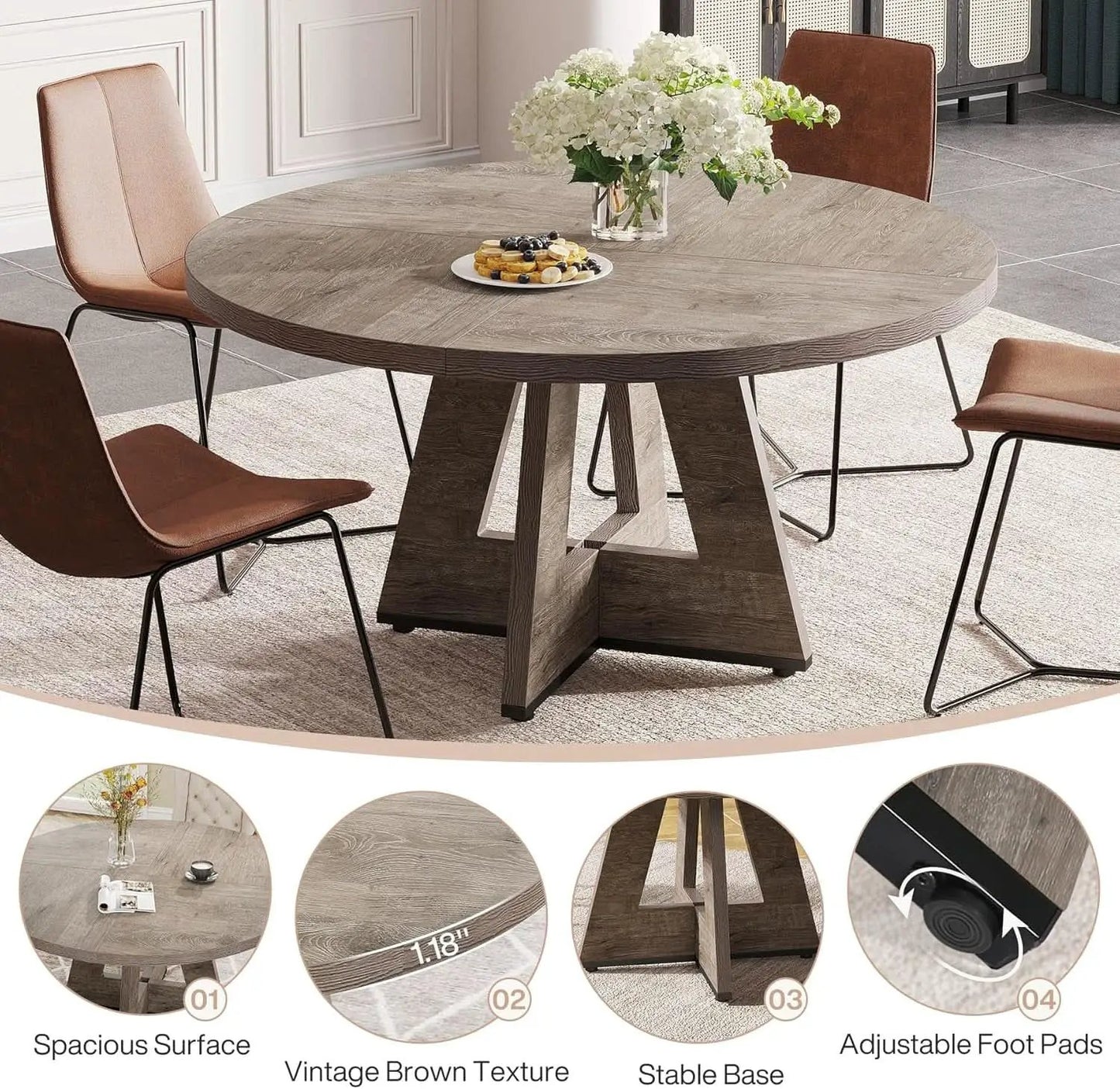 47 Inch Round Farmhouse Dining Table Grey For Four from PriceLows™