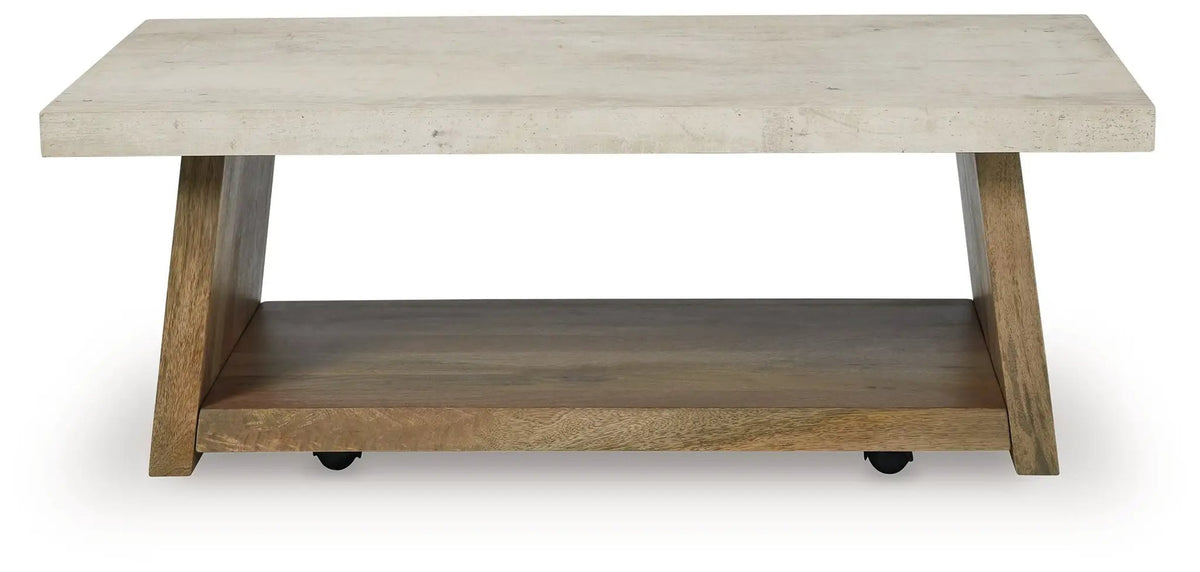 Brendalhouse Rectangular Cocktail Table | Faux Cement Tabletop | Double Plinth Base | Casual Contemporary