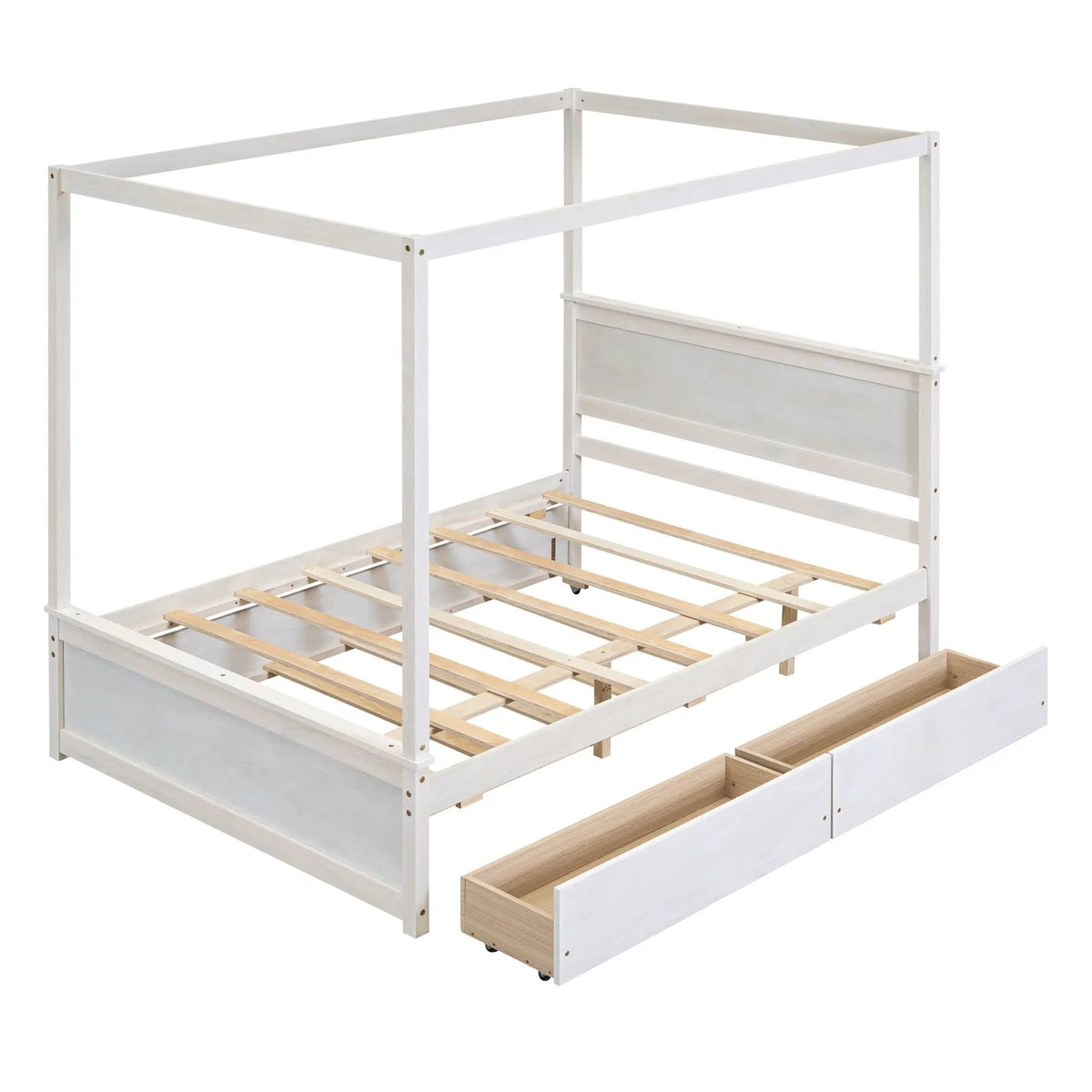 Canopy Platform Bed | Wooden Frame | Built-In Drawers | Brushed-Effect Finish