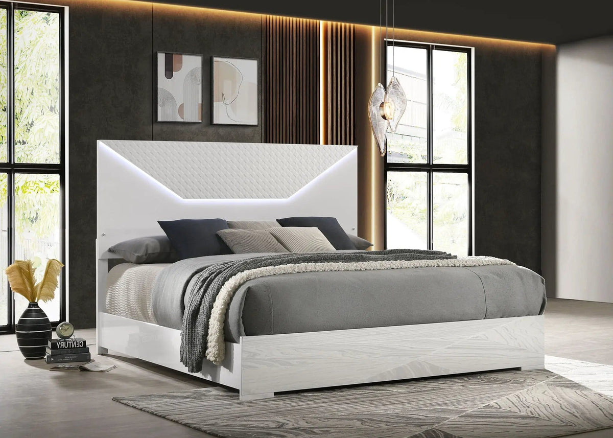 Ives Queen Panel Bed LED Headboard White High Gloss | 63.5 x 83.5 x 56.75 in | Bedroom Furniture | Bedroom