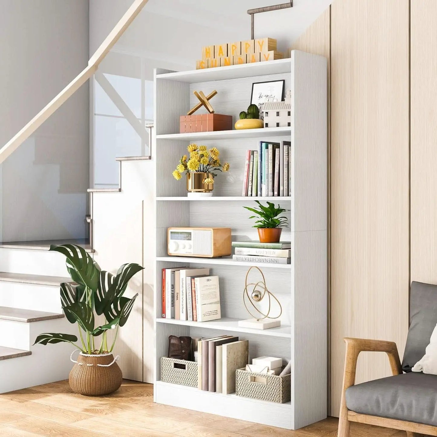 Tall White Six Tier Bookcase 72 Inches Contemporary Wood from PriceLows™