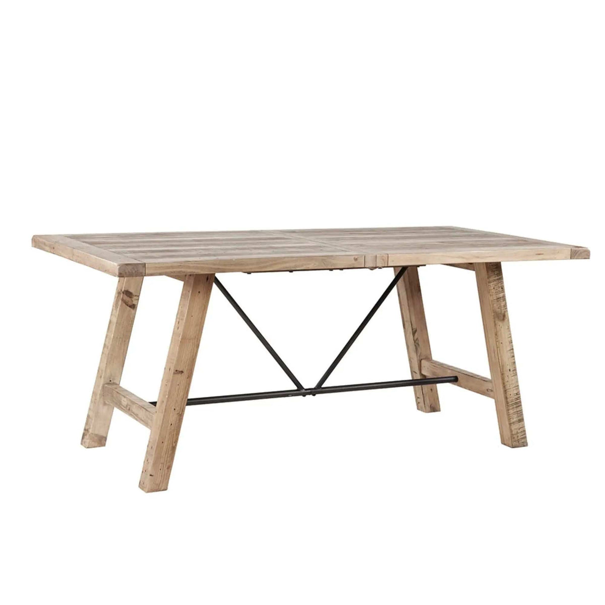 Rustic Dining Table With Metal Support - | 36 x 72 x 30 in | Pine Wood & Metal | Natural