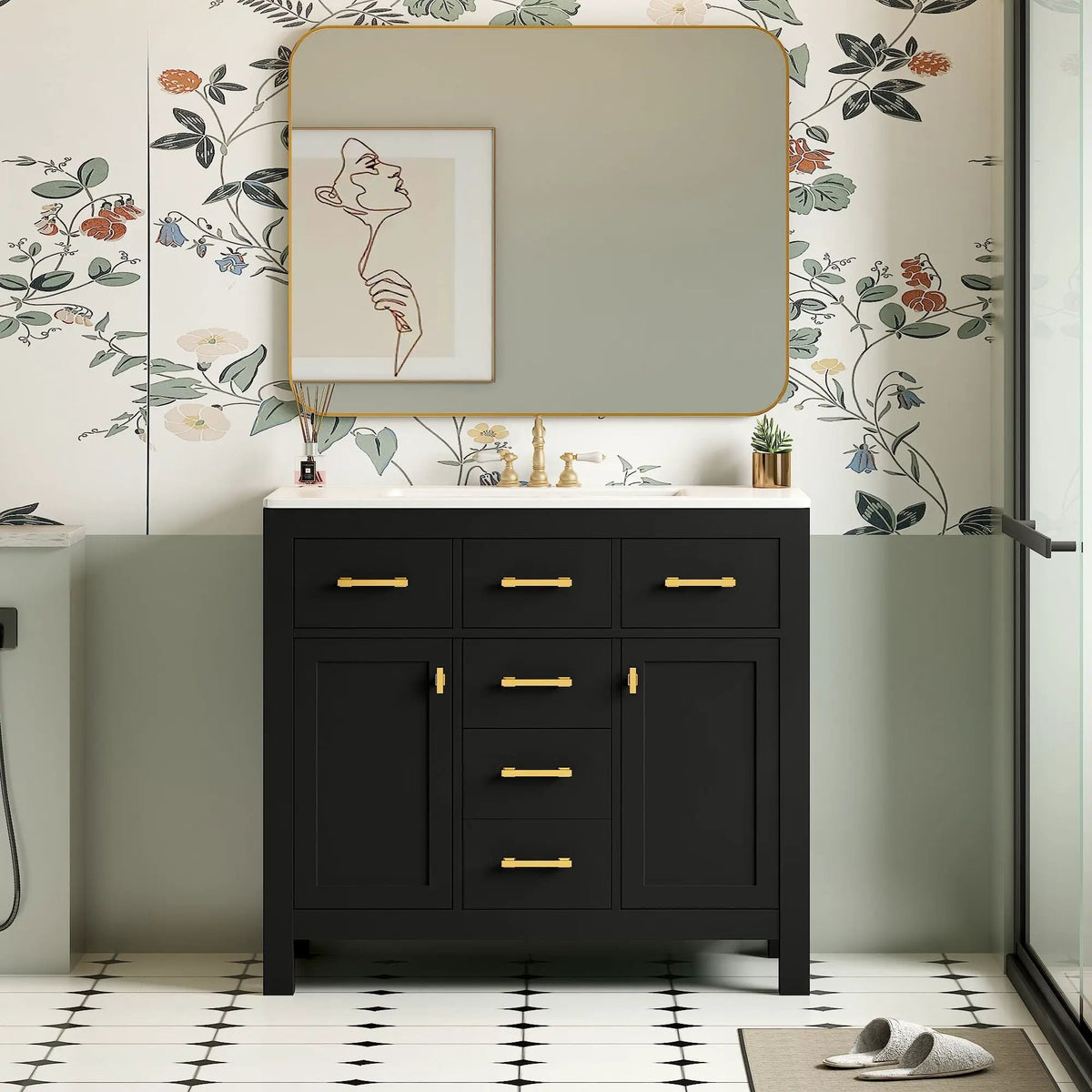 36 Inch Bathroom Vanity | Resin Sink Combo Set | 4 Drawers | Solid Wood Feet