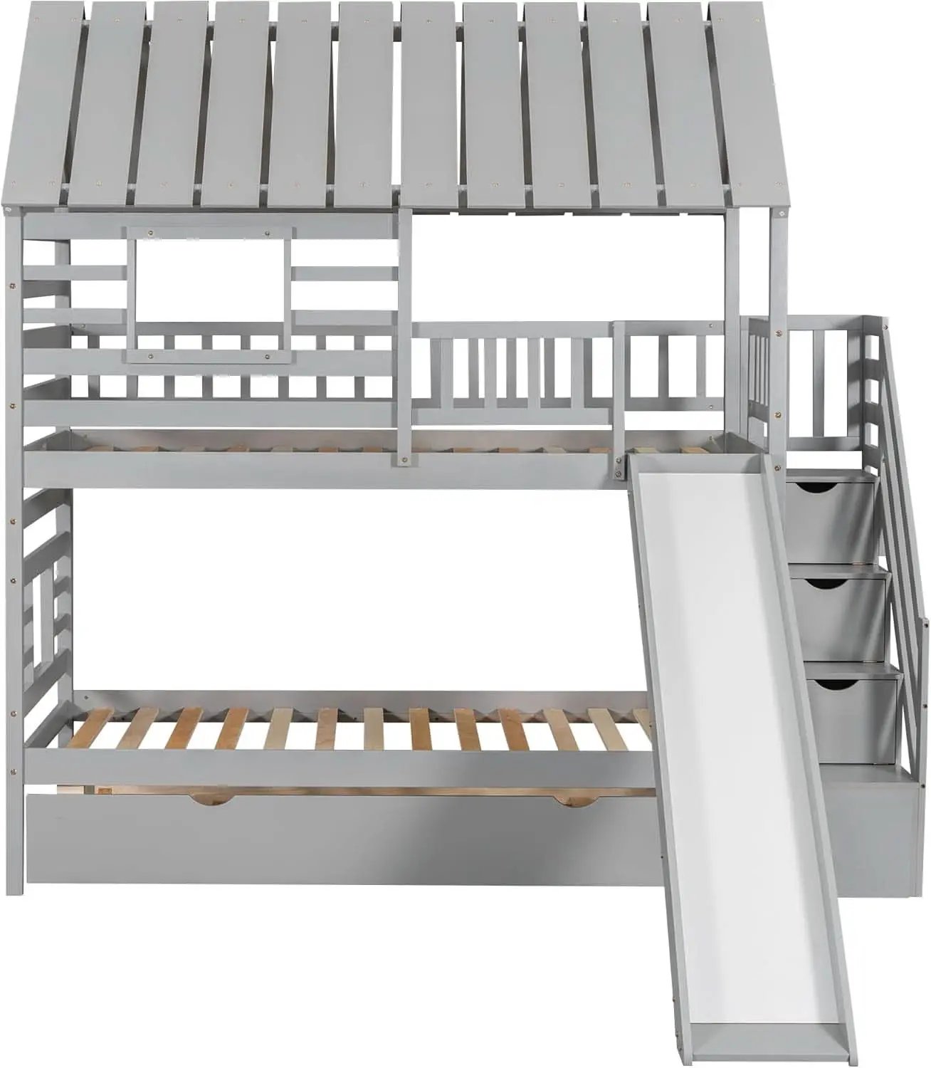 Twin Over Twin Bunk Bed With Slide For Kids Room Decor from PriceLows™