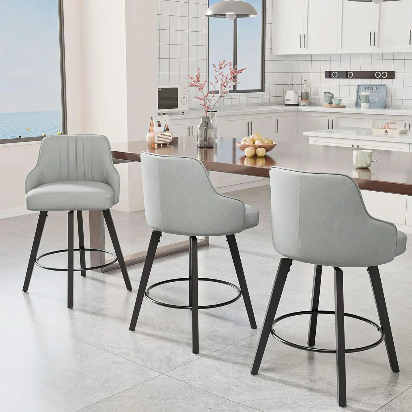 Linen Fabric Upholstered Swivel Barstools Set of Two from PriceLows™