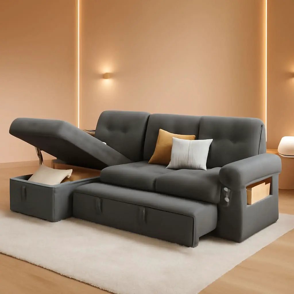 84 Inch Sleeper Sofa Bed Dark Grey Velvet With LED Storage from PriceLows™