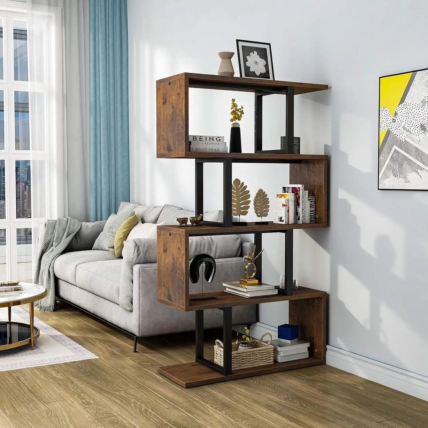 S Shaped 5 Tier Bookshelf Bookcase In Retro Brown Finish from PriceLows™