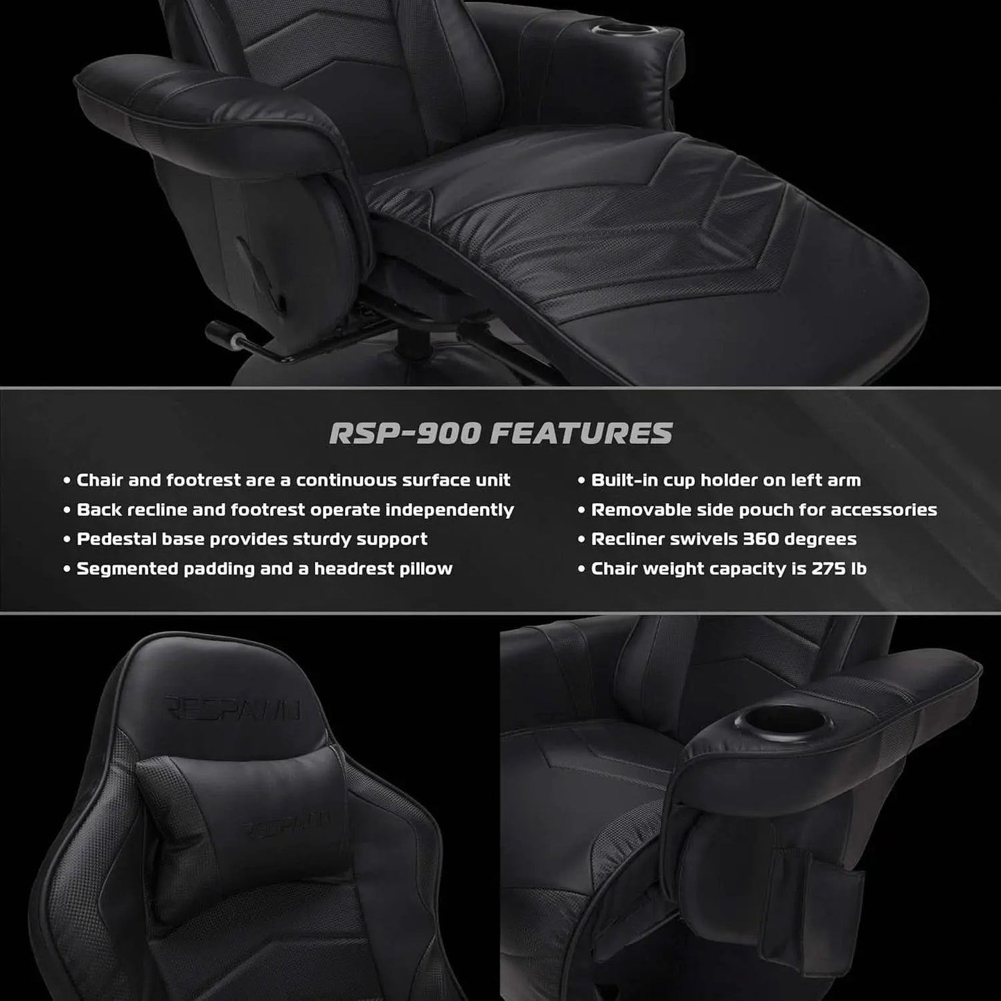 900 Gaming Recliner Black With Adjustable Leg Rest Cupholder from PriceLows™