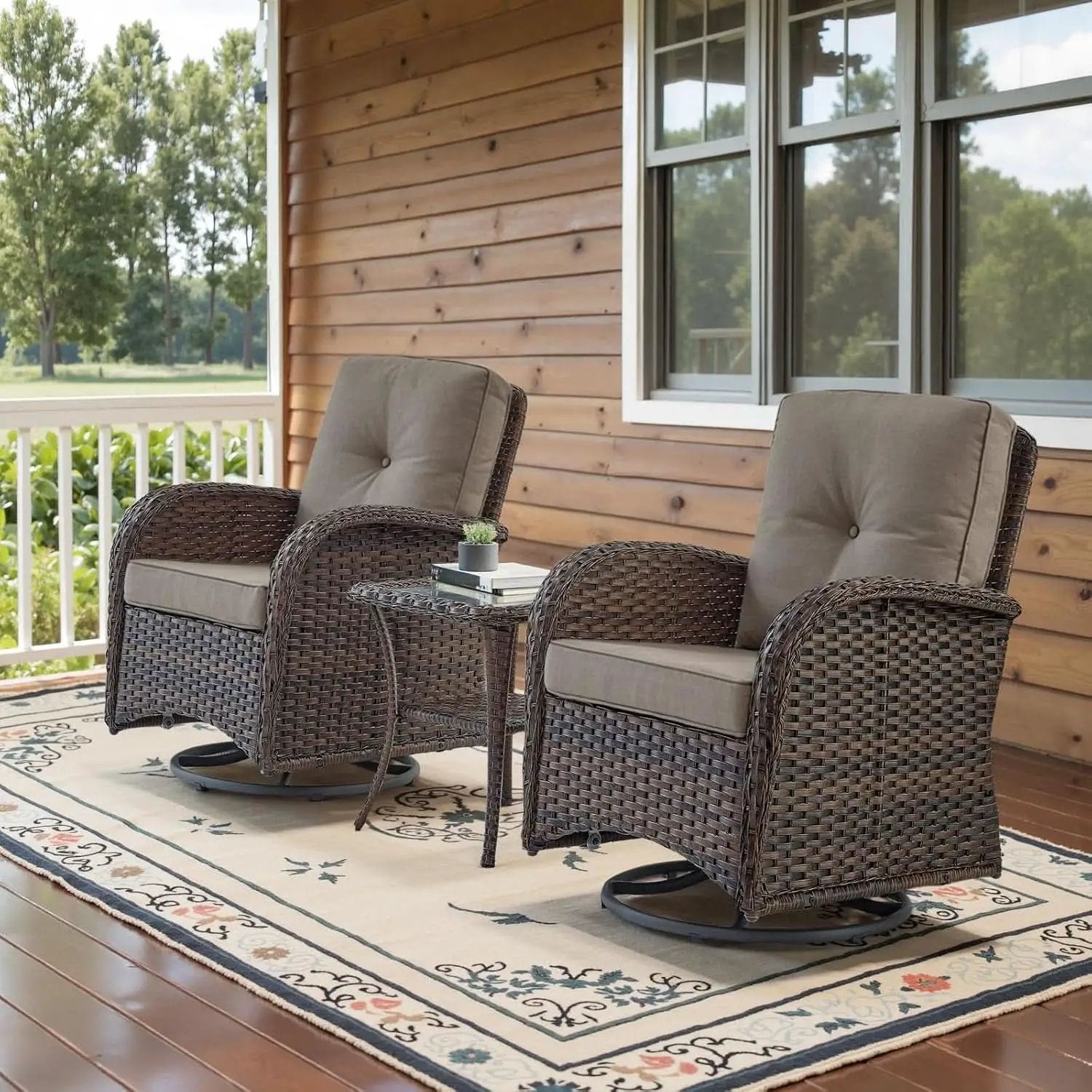 Brown Wicker Swivel Patio Set 2 Chairs Glass Table from PriceLows™