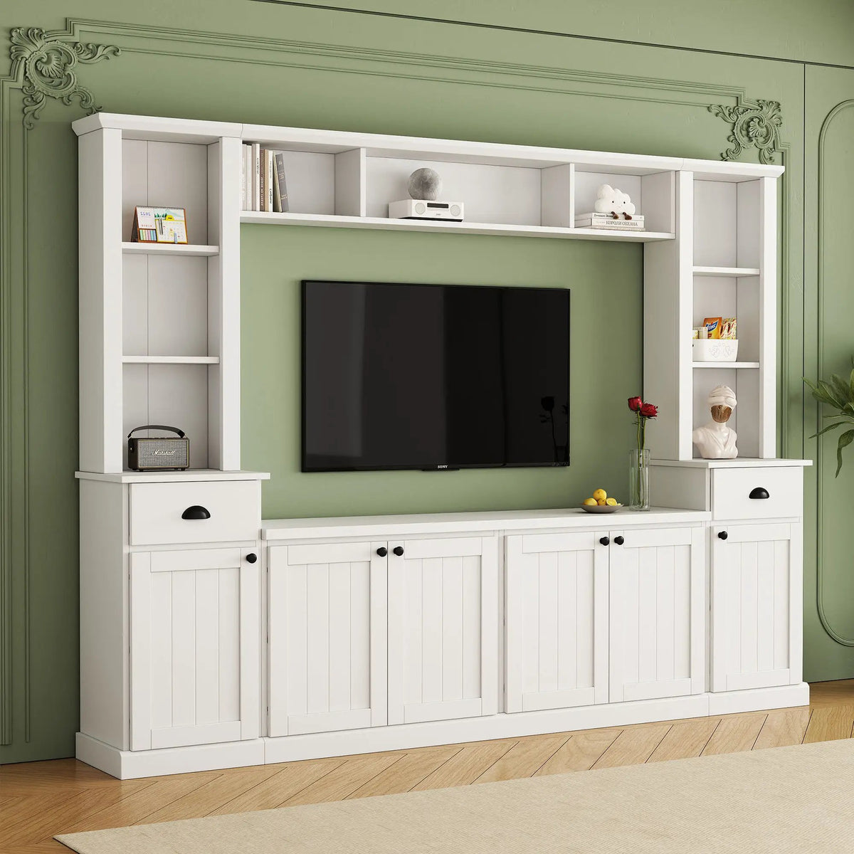 Minimalist Entertainment Wall Unit | Fits TVs Up To 75 Inch | Adjustable Bridge Height | Plank-Inspired Doors