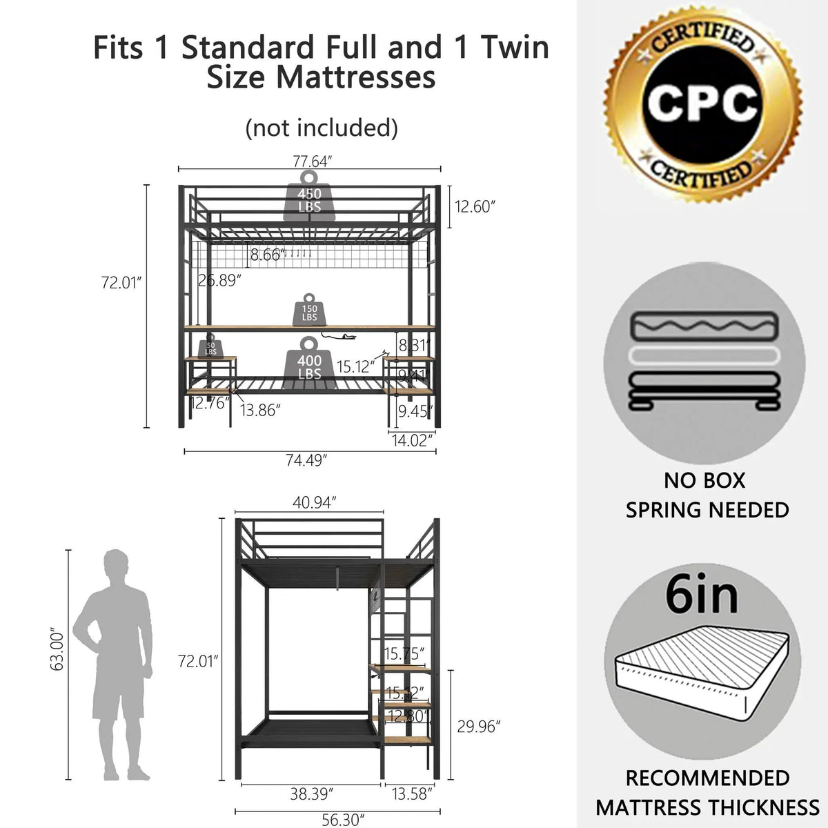 Ethan Bunk Bed With Desk, Charging Station, Storage Shelves | 2 Pieces | Metal | Bedroom