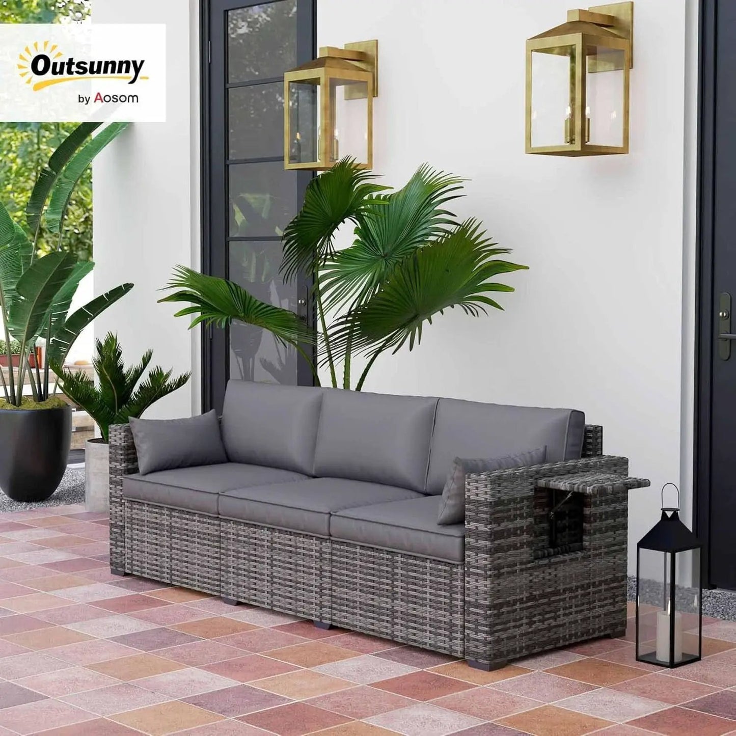Three Seater Wicker Sofa with Side Tray Tables from PriceLows™