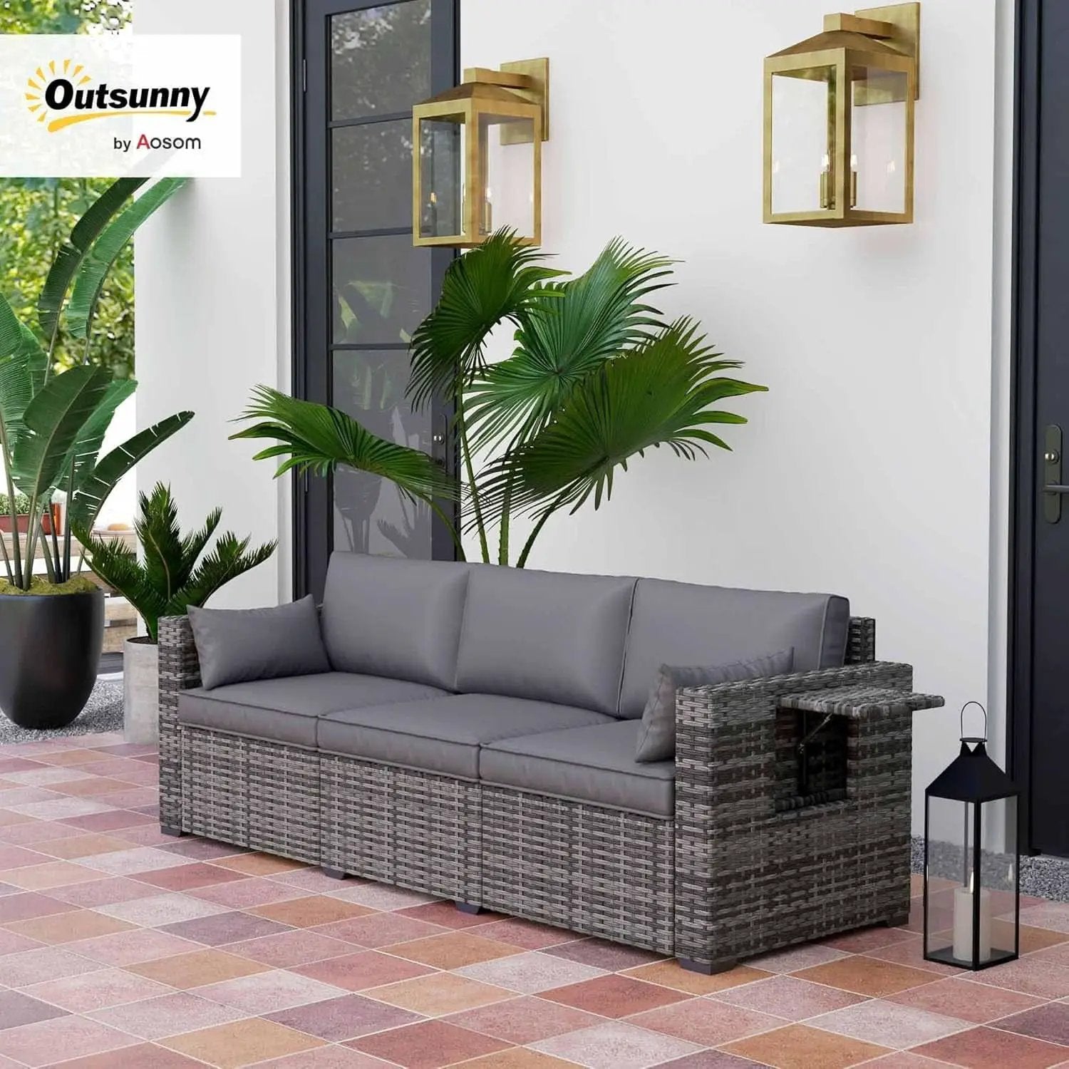 Three Seater Wicker Sofa with Side Tray Tables from PriceLows™