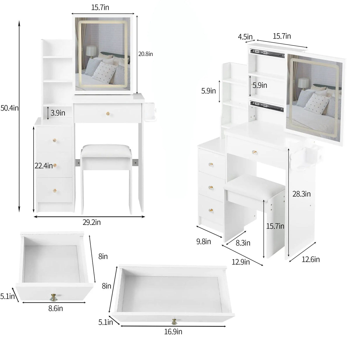 Vanity Table | Touch Led Mirror | Usb Power Hub | White