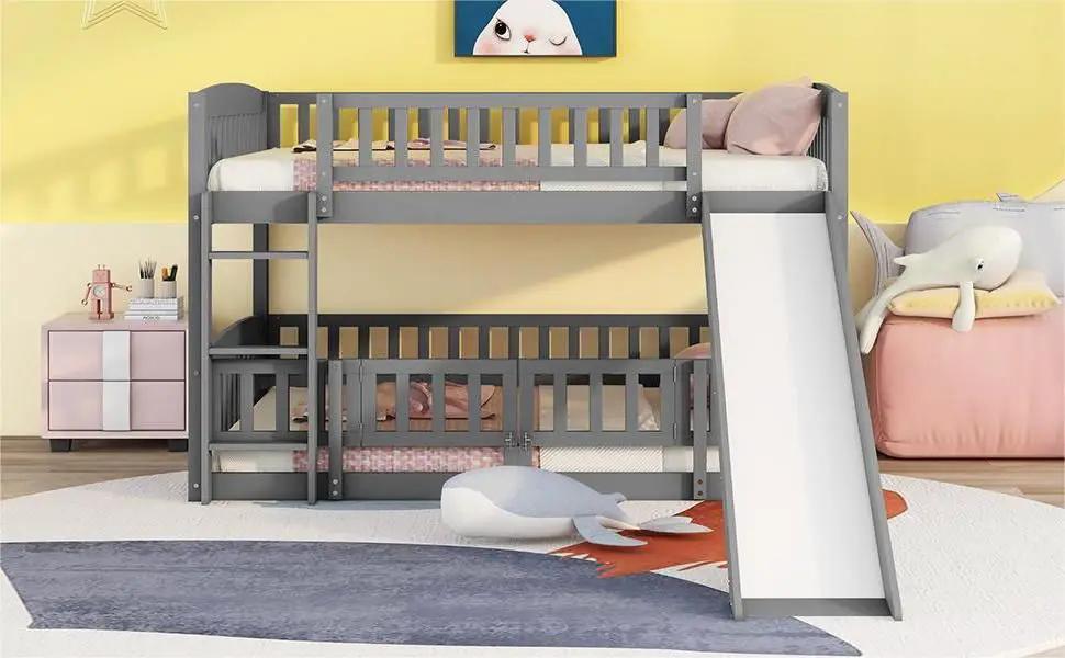 Low Bunk Bed With Slide | Fence And Ladder | Built-In Play Area | Kids Bedroom