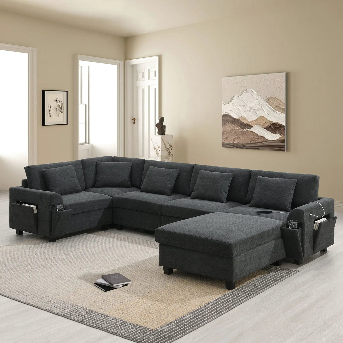 U Shape Sectional Sofa | 6 Seat | USB Charging | With Ottoman
