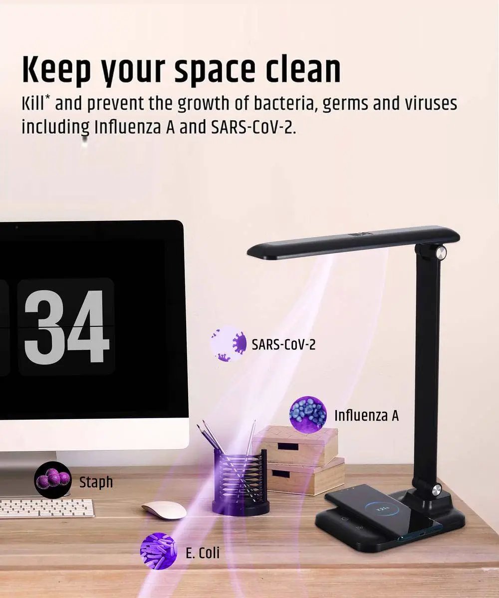 LED Desk Lamp | 15 In | Antimicrobial | Wireless Charging Matte Black