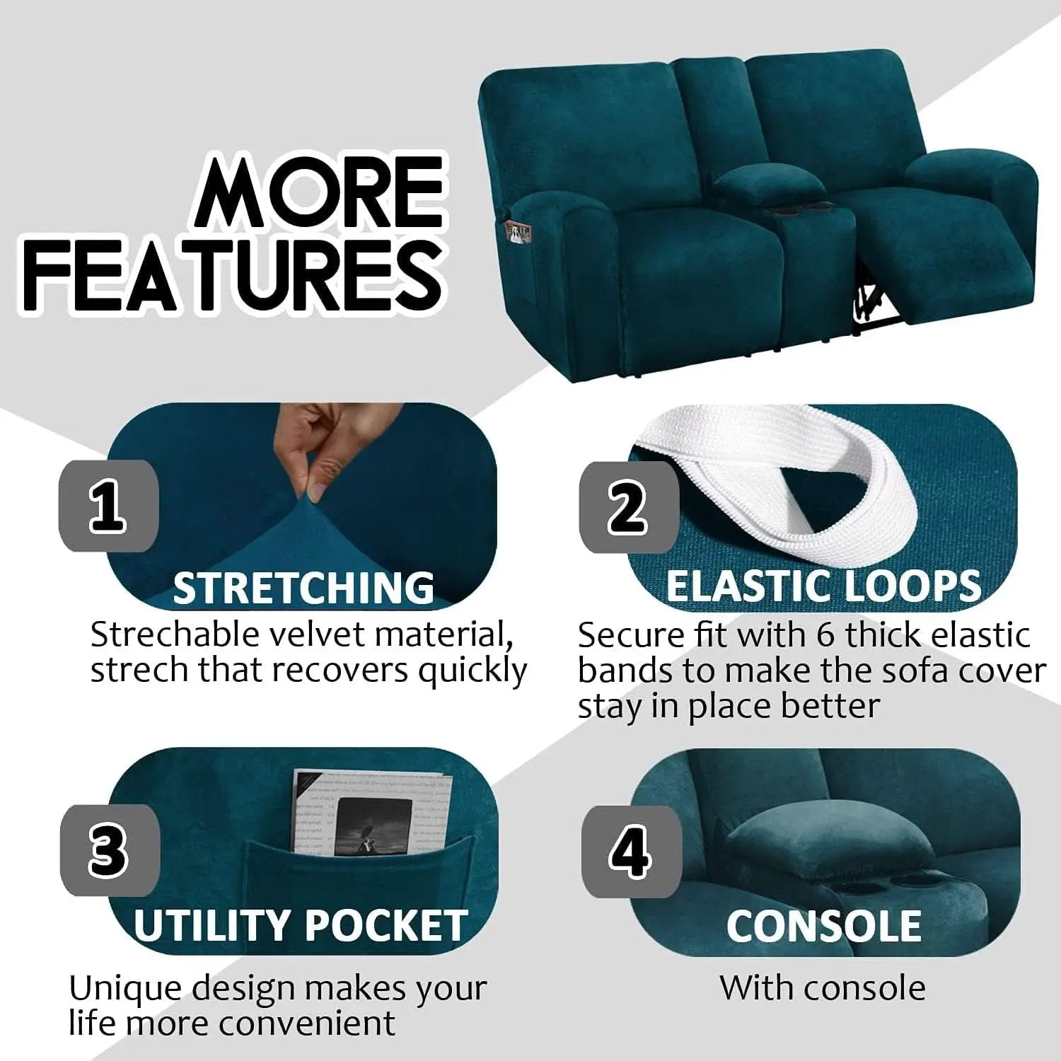 Deep Teal Velvet 8 Piece Reclining Loveseat Cover Set from PriceLows™