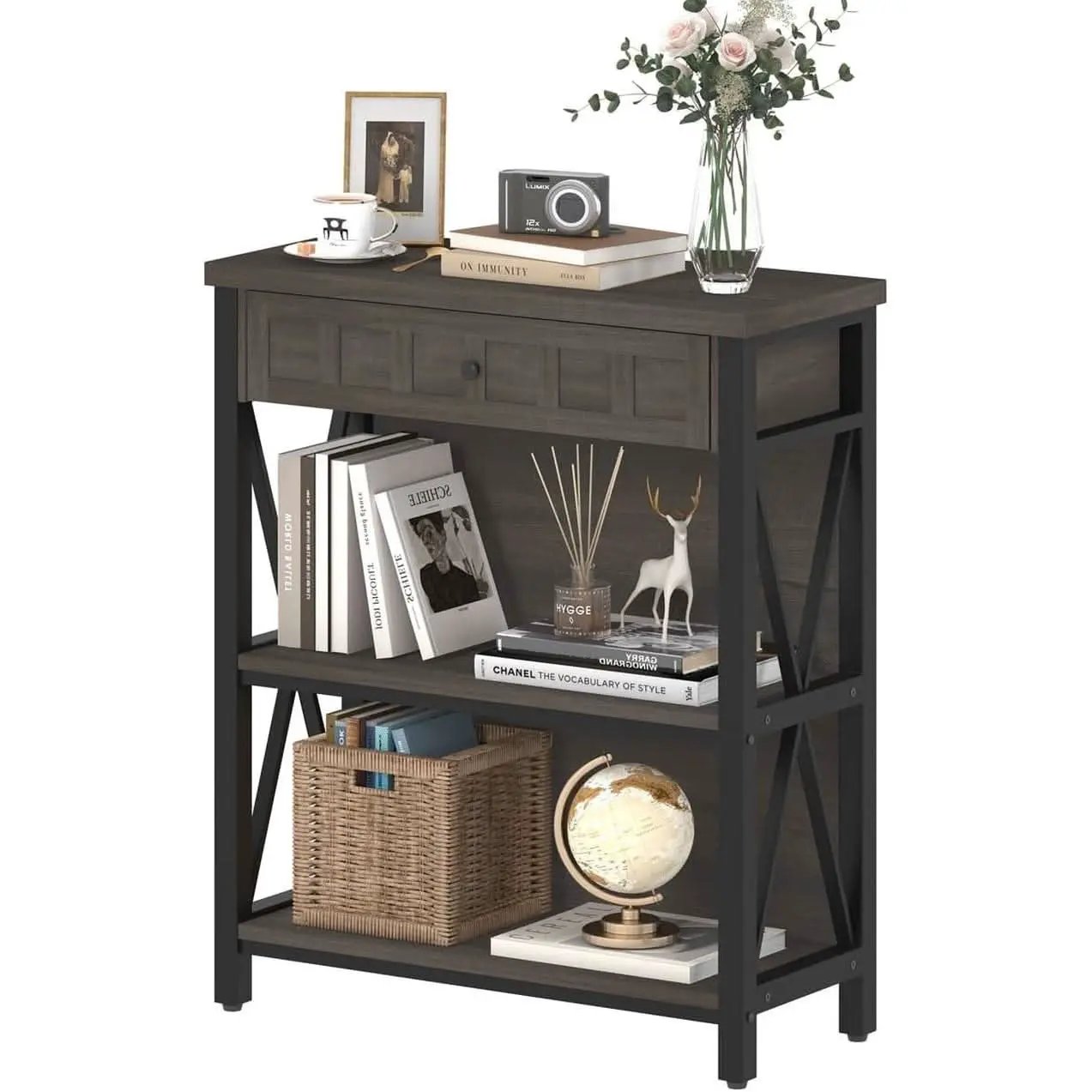 Rustic Bookshelf With Drawer Walnut Brown Industrial Wood And Metal from PriceLows™