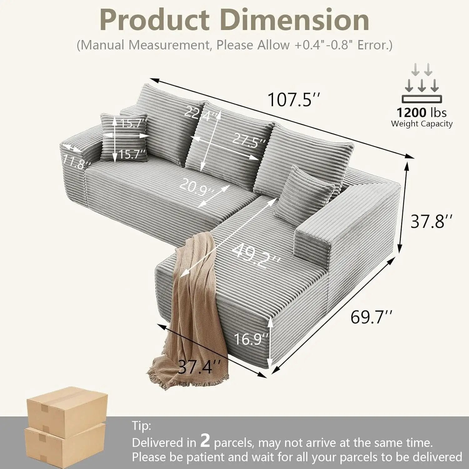 107 Inch Grey Corduroy L Shaped Modular Sleeper Sofa from PriceLows™