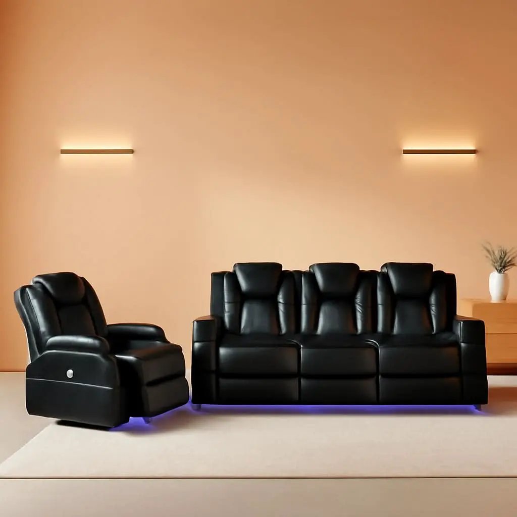 Power Reclining Leather Sofa Set With USB Ports Black from PriceLows™