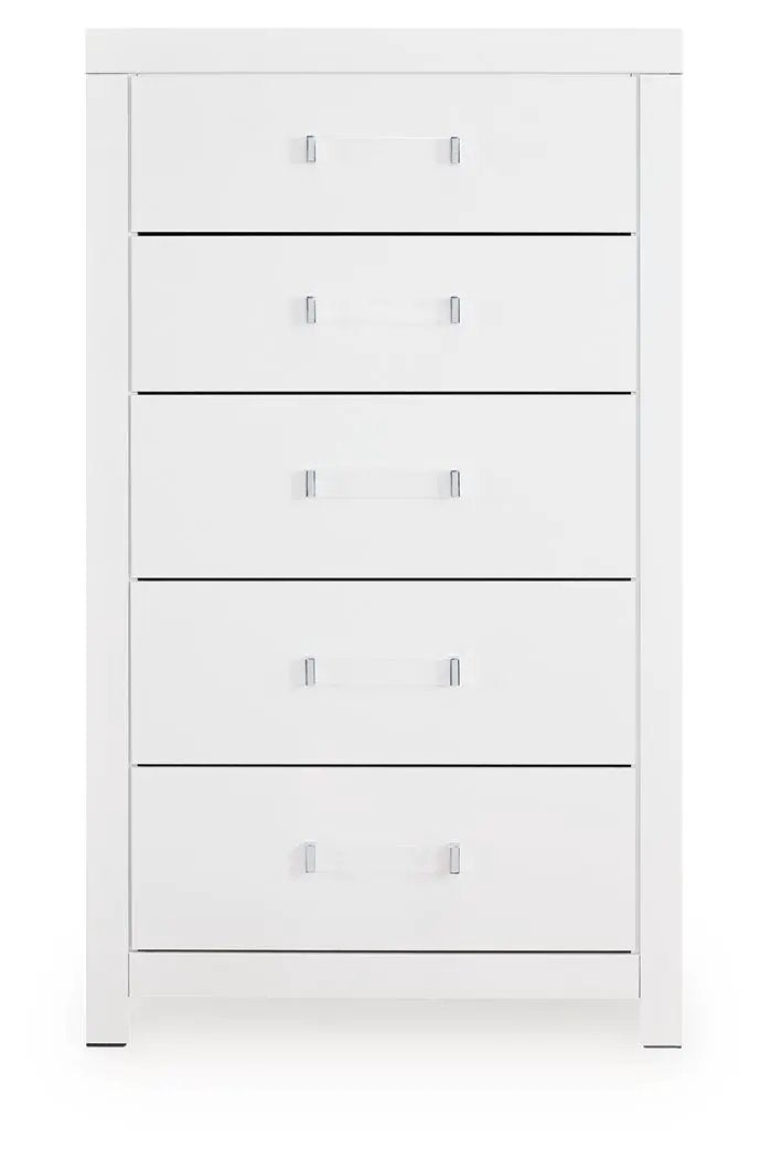 Maeling Five Drawer Chest | Modern Glamour Style | Sleek Matte Finish | Acrylic And Chrome-Tone Hardware