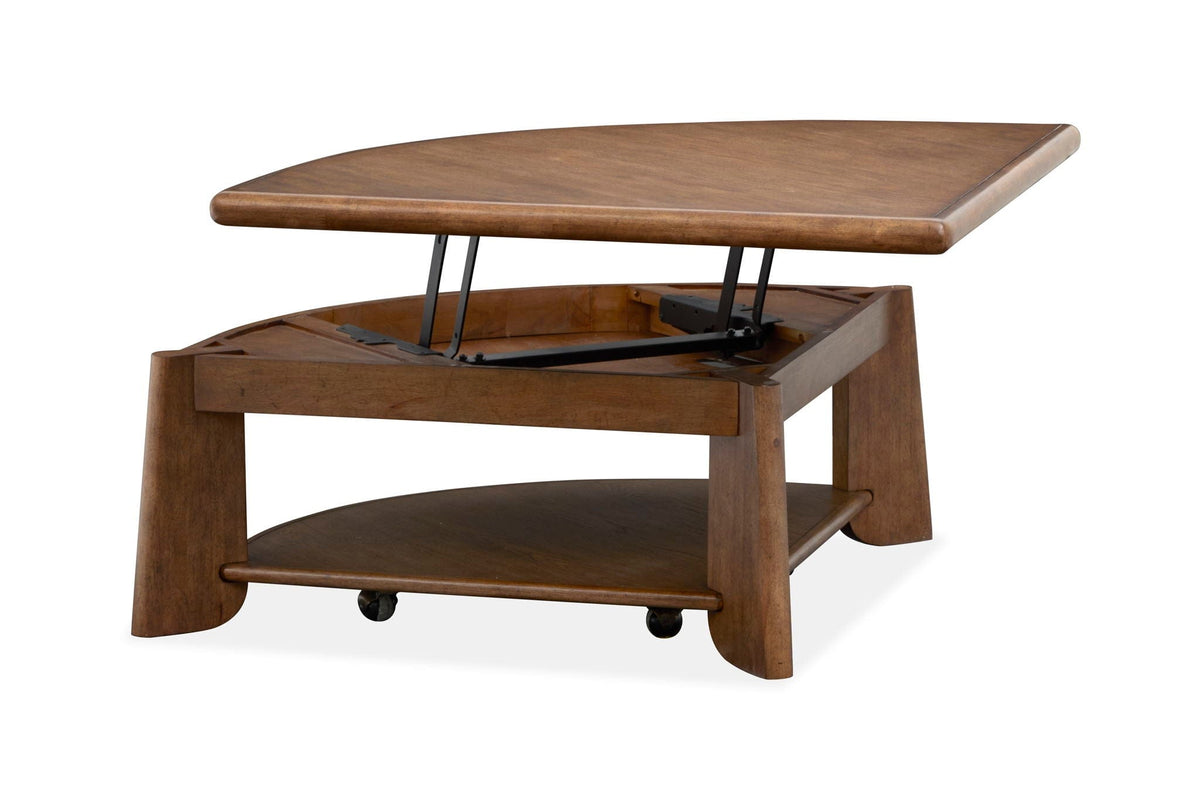 Tanner Pie Shaped Lift Top Cocktail Table With Casters | 38 x 38 x 16.5 in | Veneer & Wood | Tawny Brown