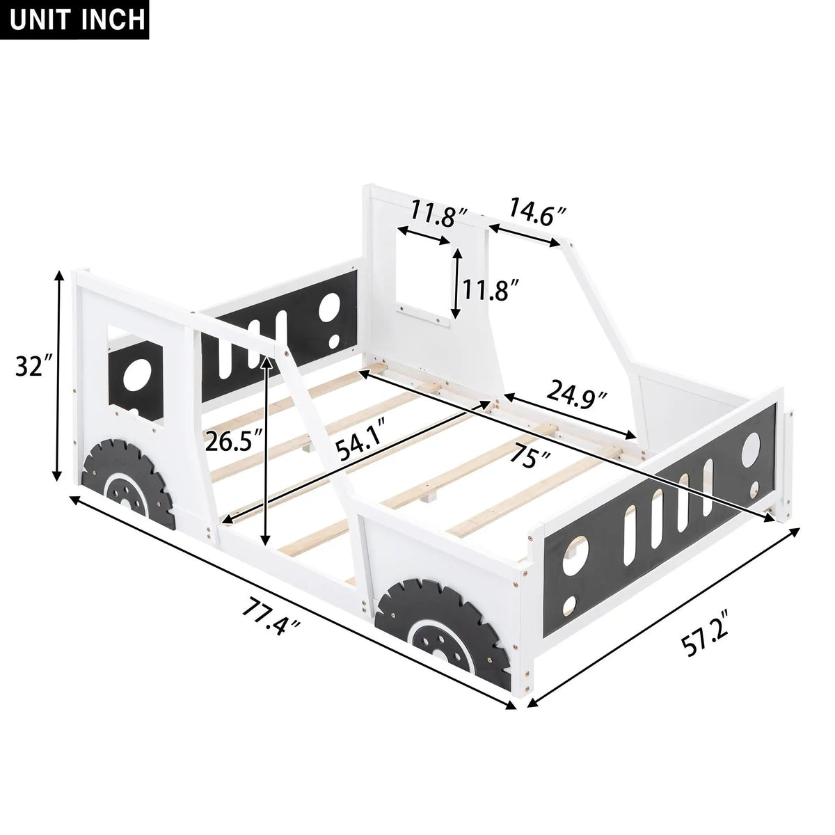 Car Shaped Platform Bed | Solid Pine Wood | Decorative Wheels